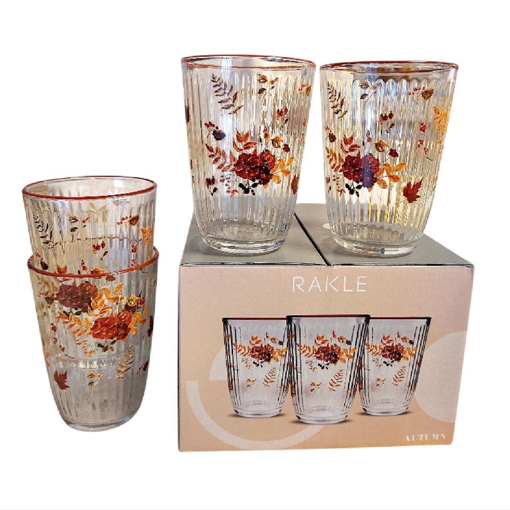 Rakle Autumn Floral Short Tumbler Glassware Set NWT 13.36oz Set Of 4
